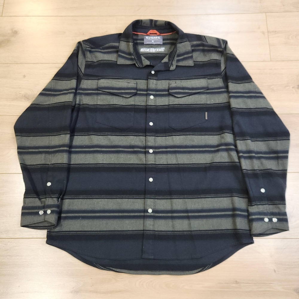 Simms Gallatin Flannel Shirt Mens XL Blue Green Stripe Snap Front Fly Fishing